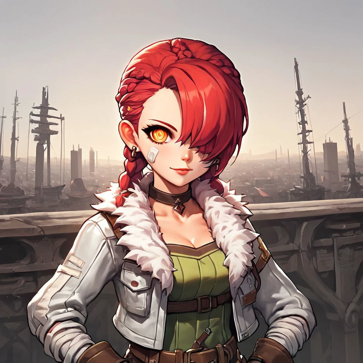 solo, 1girl, woman, female, MSCadena, Cadena, Cadena (MapleStory), Cadena_(MapleStory), Ear Piercing, Bandaid, Earring, ear piercing, Light Skin, Choker, Choker Leash, Fingerless Gloves, White Bandage on Wrists, Pinkish Red Hair, Hair Braids, Hair covering one eye, Brownish Dark Green Clothing, Shadowdealer clothing, pocket, pockets, belts, brown details, steel details, White wool, white fur on top clothing, white fur on shirt, brown boots, white steaks on hair, detailed, good art, best quality, detailed face, detailed eyes, highest quality, good anatomy, perfect anatomy, masterpiece, beautiful, insanely detailed, terminal city background, BREAK, score_9, score_8_up, score_7_up, score_6_up