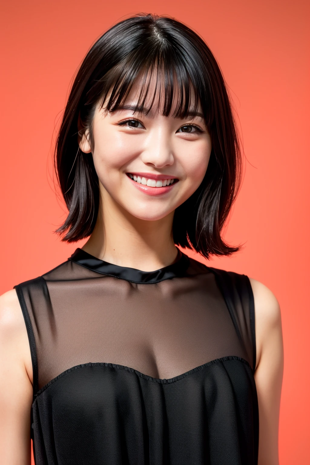 nikon RAW photo,8 k,Fujifilm XT3,masterpiece,best quality,1girl,solo,realistic,photorealistic,ultra detailed,looking to the viewer,upper body,
standing,(black dress:1.2),simple background,red background,(closeup),bangs,<lora:MinamiHamabe-v1:0.8>,minamehamab3,smile,grin,