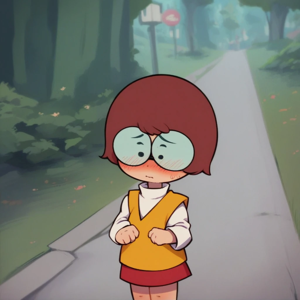 score_8, score_9, solo, velma, short hair, red hair, glasses, skirt, shy, blush, outdoors