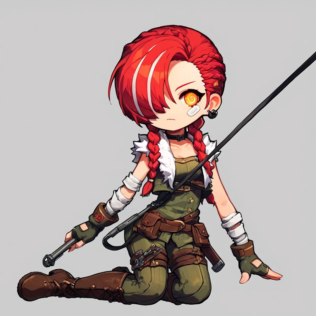 solo, 1girl, woman, female, MSCadena, Cadena, Cadena (MapleStory), Cadena_(MapleStory), Ear Piercing, Bandaid, Earring, ear piercing, Light Skin, Choker, Choker Leash, Fingerless Gloves, White Bandage on Wrists, Pinkish Red Hair, Hair Braids, Hair covering one eye, Brownish Dark Green Clothing, Shadowdealer clothing, pocket, pockets, belts, brown details, steel details, White wool, white fur on top clothing, white fur on shirt, brown boots, white steaks on hair, detailed, good art, best quality, detailed face, detailed eyes, highest quality, good anatomy, perfect anatomy, masterpiece, beautiful, insanely detailed, terminal city background, BREAK, score_9, score_8_up, score_7_up, score_6_up