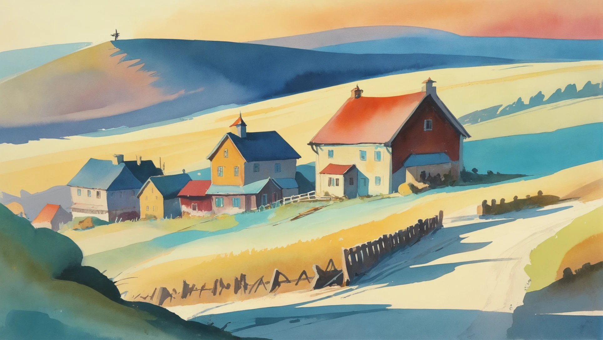 rough watercolor, cheerful,hillside fantasy hamlet in a Twilight Polar Region<lora:EnvyStarlightAnimeWatercolor03:1.25>