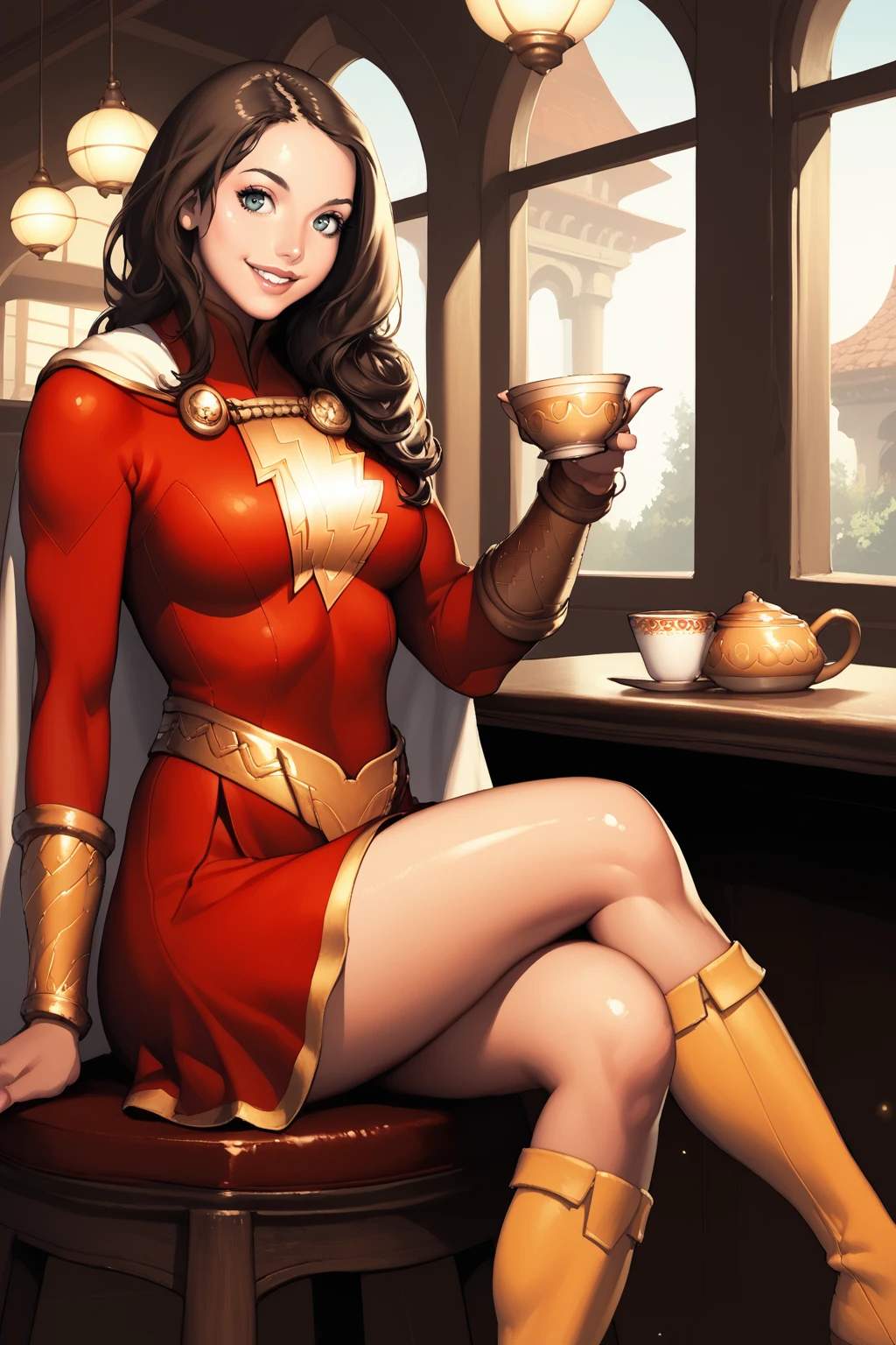 score_9, score_8_up, score_7_up, masterpiece, high quality, BREAK realistic
<lora:Mary MarvelPonyLoRA:1>mrymrvl, long hair, cape, top, long sleeves, bracer, belt, skirt, knee boots, sitting in a cafe holding a cup of tea, smile
<lora:Blade&SoulPonyLyco:1> bns