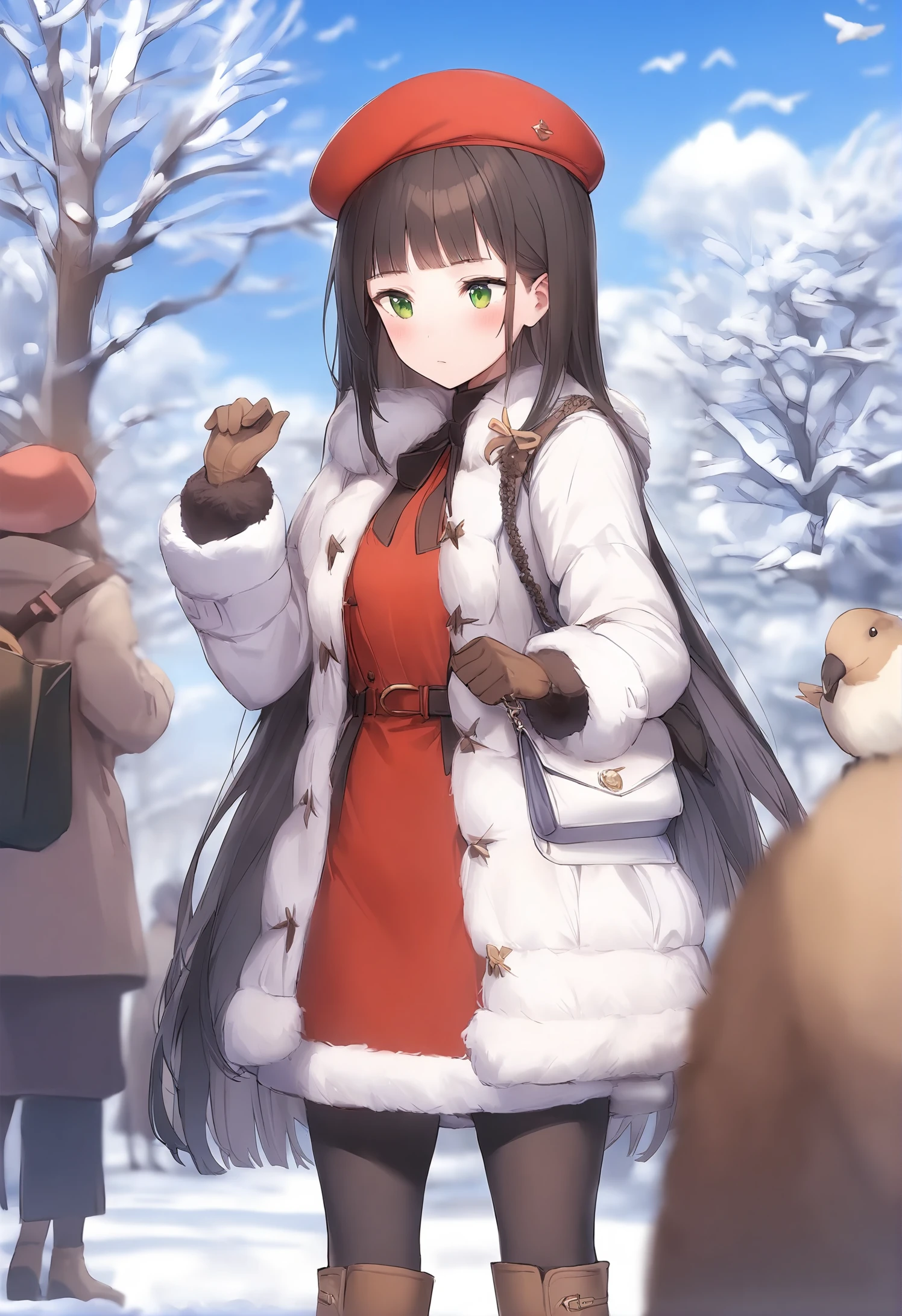 1girl,
rangu,
straight hair, very long hair, red headwear, day, blurry, bird, blunt bangs, pantyhose, short dress, blue sky, cloud, long sleeves, fur trim, sky, long hair, gloves, standing, coat, depth of field, brown gloves, black hair, handbag, beret, cloudy sky, closed mouth, black legwear, dress, brown footwear, hat, full body, outdoors, green eyes, white coat, boots, red dress, bag, tree, winter, knee boots, solo focus, animal, fur-trimmed coat,
masterpiece, best quality
<lora:rangu_image256_2024-03-28_a31-000024:1>