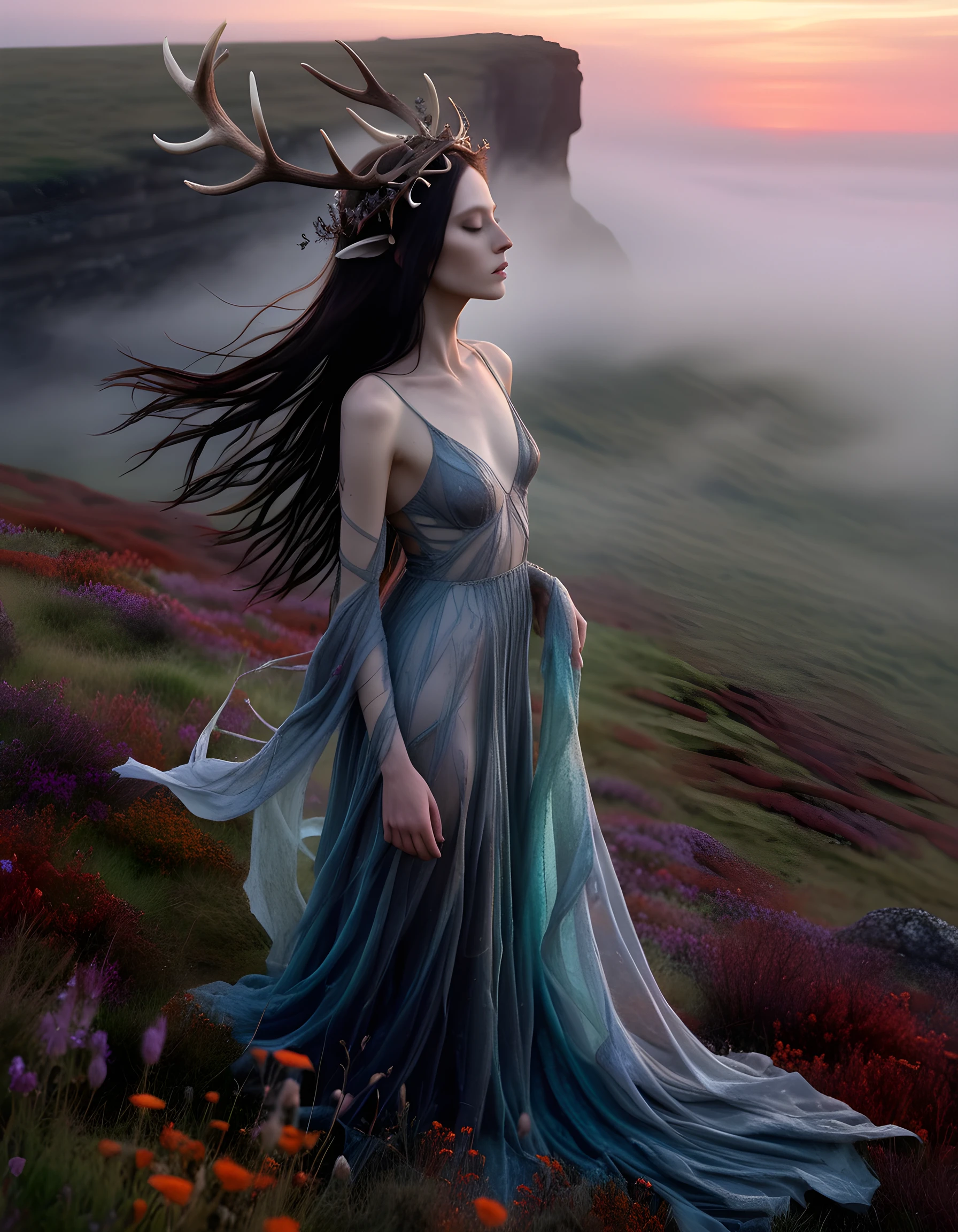 On a desolate, mist-shrouded moor under a blood red horizon, a solitary woman named Anna stands poised on the edge of a craggy cliff, her long raven hair cascading down her back in dark waves intertwined with delicate wildflowers. She wears an otherworldly gown woven from shimmering spider silk that catches the dying light and casts kaleidoscopic reflections across the damp earth, while a bone and antler crown adorned with iridescent feathers encircles her head. The wind whips her gown about her like a living thing as she beckons the shadows gathering around her like long-lost friends, her lips parting to reveal a single soulful note that seems to echo across the ages.