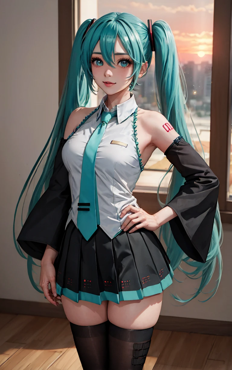 ((masterpiece, best quality)), insaneres, absurdres, solo, looking at viewer, 
MainOutfit_HatsumeMiku_ownwaifu, 
1girl, aqua eyes, aqua hair, hatsune miku, twintails, very long hair, hair ornament, bangs, hair between eyes, shoulder tattoo, medium breasts, shiny hair, number tattoo, eyelashes, bright pupils,
detached sleeves, sleeveless shirt, bare shoulders, black sleeves, aqua necktie, collared shirt, black skirt, pleated skirt, grey shirt, miniskirt, black thighhighs, zettai ryouiki, long sleeves, wide sleeves, sleeves past wrists, frills, wing collar, 
(contrapposto, hand on hip), sunset, sidelighting, <lora:ANIME_HatsumeMiku_ownwaifu:1>,
 depth of field, light particles,