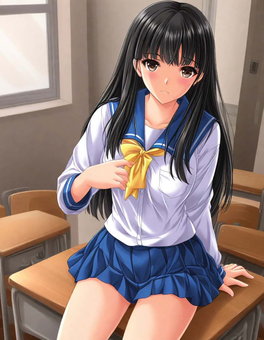 8k、RAW Photos、highest quality、masterpiece:1.2)、(Realistic、Realistic:1.37)、Super detailed、超A high resolution、Anime Style、1 girl、Pink nipples、Beautifully detailed face、Pussy、beautifulディテールの肌、whole body、Professional Lighting、Upper body naked、Sailor suit、loose sockiniskirt Uniform、((ayukawa madoka)), (beautiful, fine grain)、Green Eyes、(Blue Hair、Parted bangs)、classroom、Spread your legs、Child-like body、Hands behind back、Innocence、Sexy pose