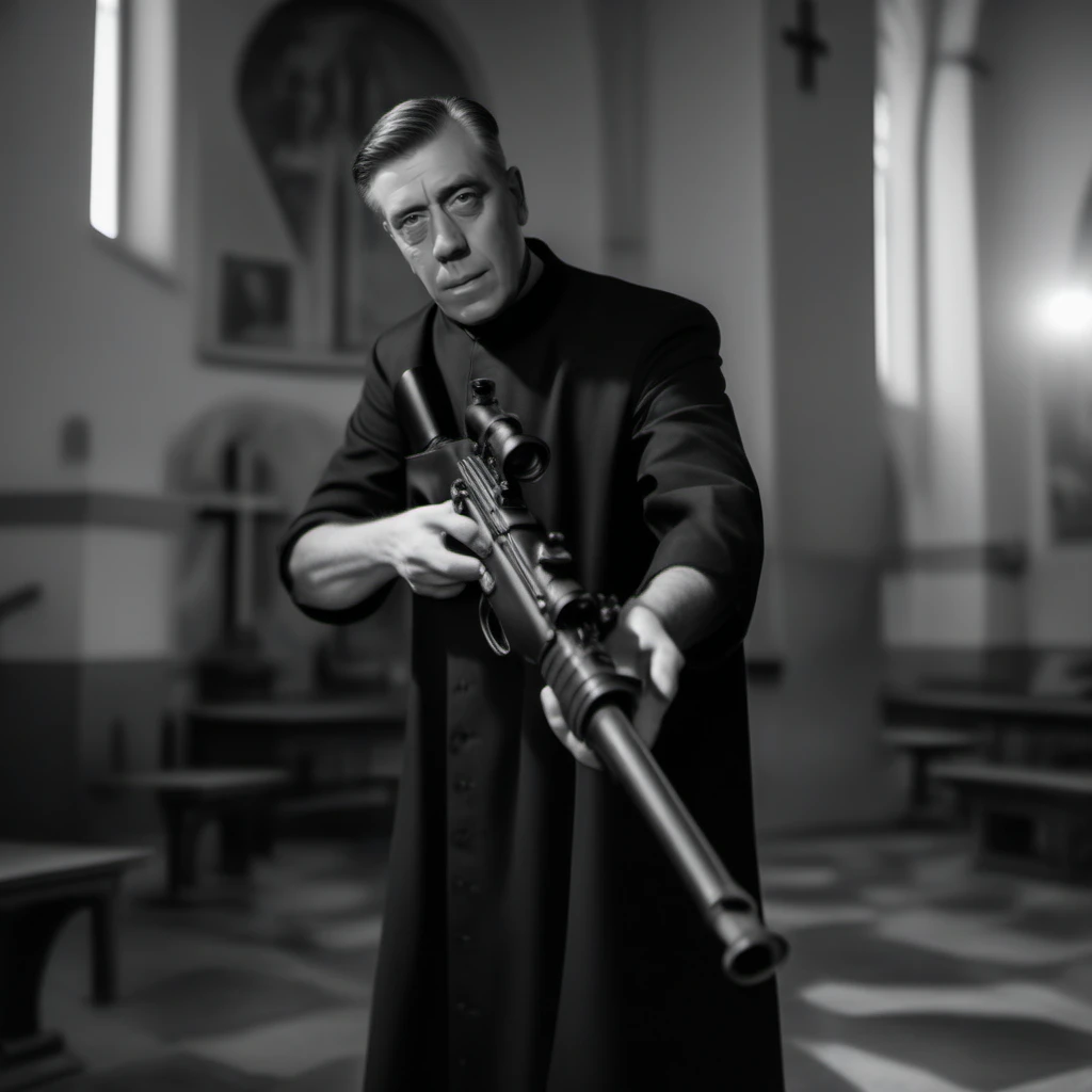 cinematic photo a full body priest wears a black robe, a hat, aim a machinegun, detailed face, detailed eyes, in a church tower <lora:DonCamillo1024:0.8> . 35mm photograph, film, bokeh, professional, 4k, highly detailed