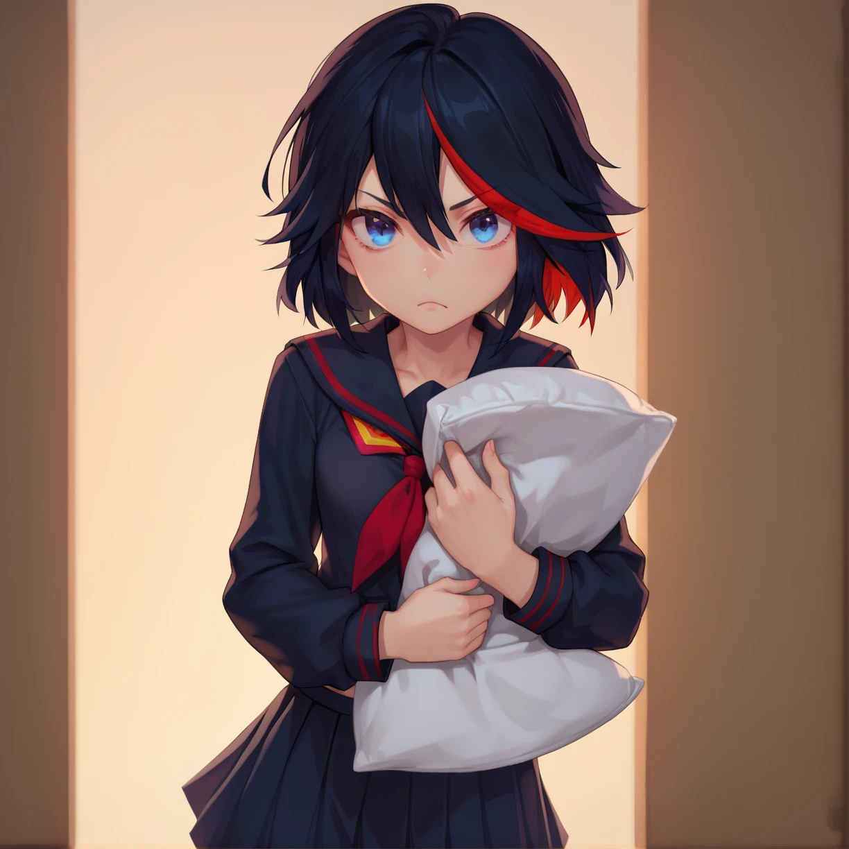 (score_9, score_8_up, score_7_up, masterpiece, best quality, extremely detailed face, perfect lighting,)1girl, solo, matoi ryuuko, school uniform, black serafuku, suspender skirt,  small breasts, blue eyes, looking at viewer,  black hair, red hair, streaked hair, 
 <lora:Matoi_RyuukoSDXL:1>,   <lora:Scared_to_Sleep_Alone_Pony:0.7> scared to sleep alone, pillow hug