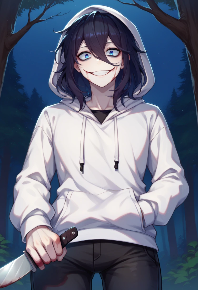 score_9,score_8_up,score_7_up,score_9,score_8_up,score_8,ultra detailed,beautiful face,highres BREAK <lora:jeff:1>,jeffthekiller,solo,looking at viewer,blue eyes,black hair,1boy,hair between eyes,hood,medium hair,grin,hoodie,hood down,knife,pale skin,holding knife,1knife,bags under eyes,white hoodie,blood,crazy smile,black pants,cowboy shot,forest,night, from below,