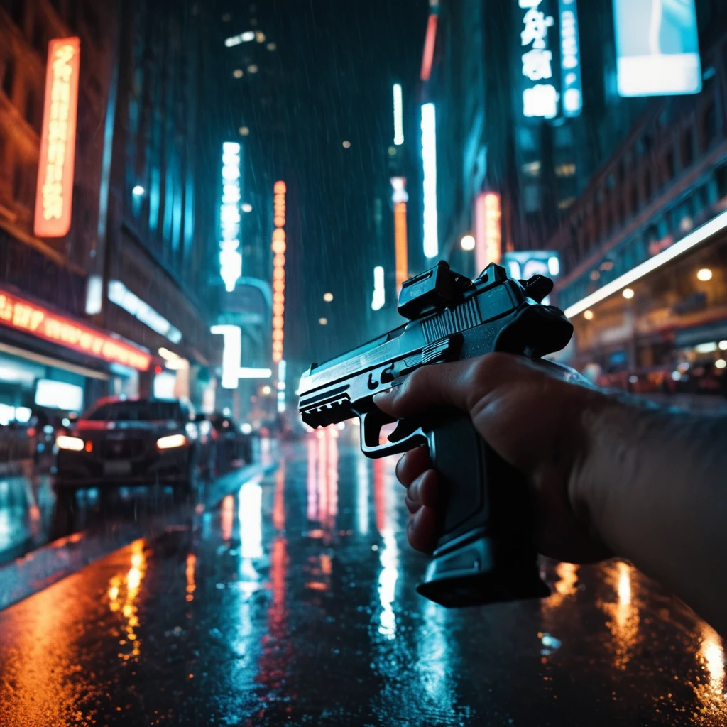 <lora:add-detail-xl:0.1>1
<lora:detailed:0.3> realism
<lora:perfection style:0.2> perfect
<lora:eyetune:0.6>
<lora:xl_more_art-full_v1:0.1>
<lora:Ron Fricke style:0.3>
<lora:Unreal Engine style:0.3>
<lora:TeethXL:0.3>
<lora:Chiaroscuro Lighting Style:0.3
 <lora:point of view style v2:0.9>
POV point of view subjective camera view of a hand of a video game character with a riflegun in a city, bodycam style, movie themed, sharp, detailed, epic, cinematic photography, artistic, dramatic light, creative, cinematic color style, Kodak film style, subjective camera, 1st person view, point of view style, outdoors, no humans, night, ground vehicle, building, scenery, motor vehicle, science fiction, rain, city, car, road, street, skyscraper, neon lights, sign, puddle