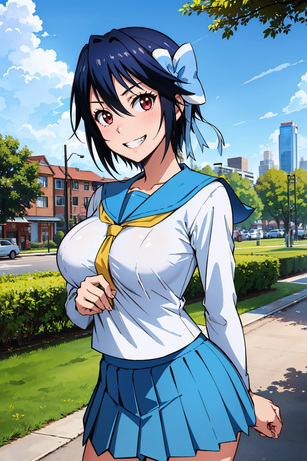 masterpiece, best quality, 1girl, <lora:tsugumi-nvwls-v1-000008:0.9> tsugumi seishirou, hair bow, serafuku, long sleeves, white shirt, pleated skirt, light blue skirt, large breasts, city, park, tree, looking at viewer, blue sky, grin