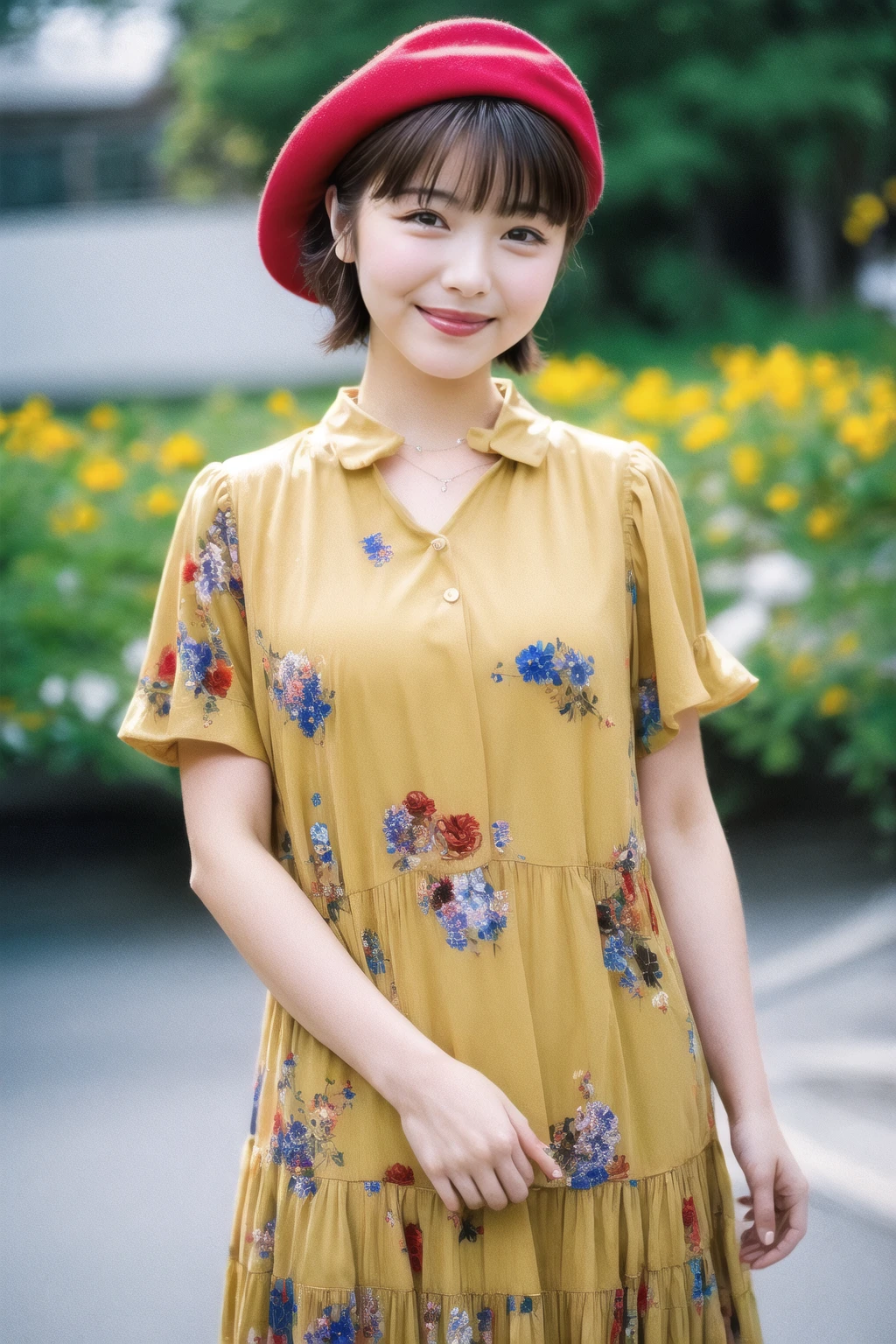 (best quality, photo realistic, hyper detail, sunlight ) 1girl,solo,brown hair,standing,outdoors,detailed skin,smile,yellow collared dress short sleeve,bohemian flowers print,star necklace,cowboy shot,red beret,bokeh,film grain,bangs,<lora:MinamiHamabe-v1:0.9>,minamehamab3,<lora:add_detail>,smile,