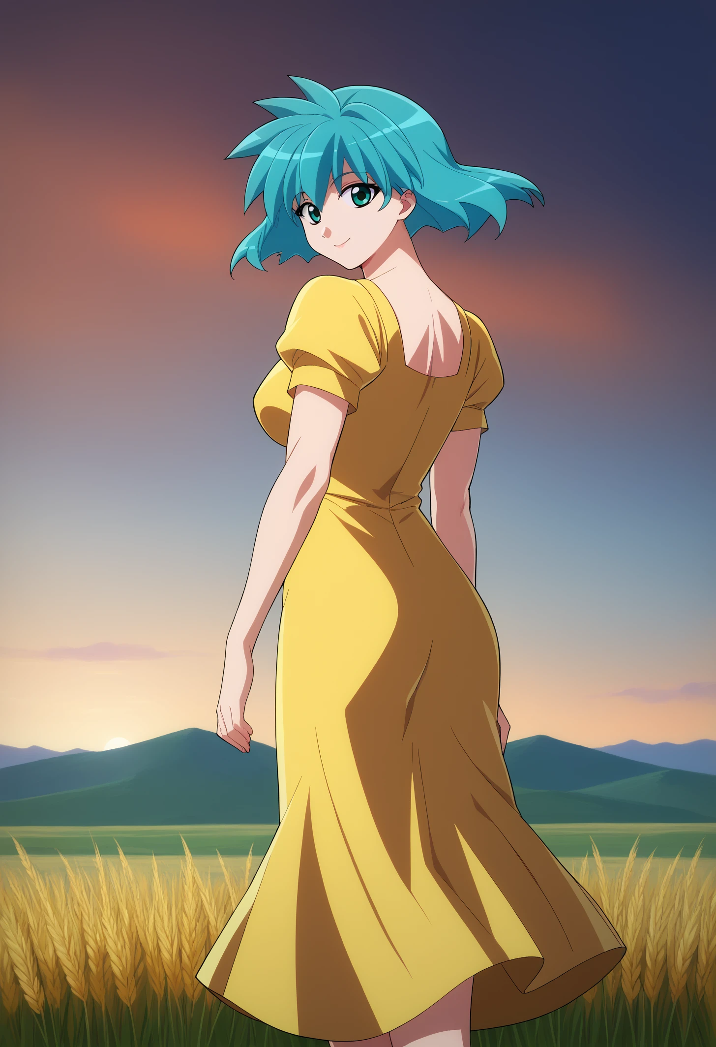 score_9, score_8_up, score_7_up, BREAK 1girl, solo, mgisb, aqua eyes, aqua hair, short hair, large breasts, <lora:MeiaGisbornPDXL_V1-Manityro-CAME:1.0>,
yellow sundress,
looking at viewer, light smile, looking back,
outdoors, wheat field, sunset,