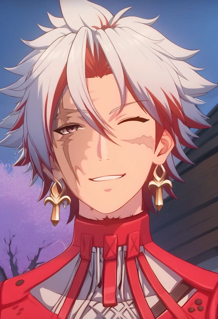 score_9, score_8_up, score_7_up, source_anime, rating_safe, Scarussy, Scardesign, official style, 1boy, male focus, one eye closed, wink