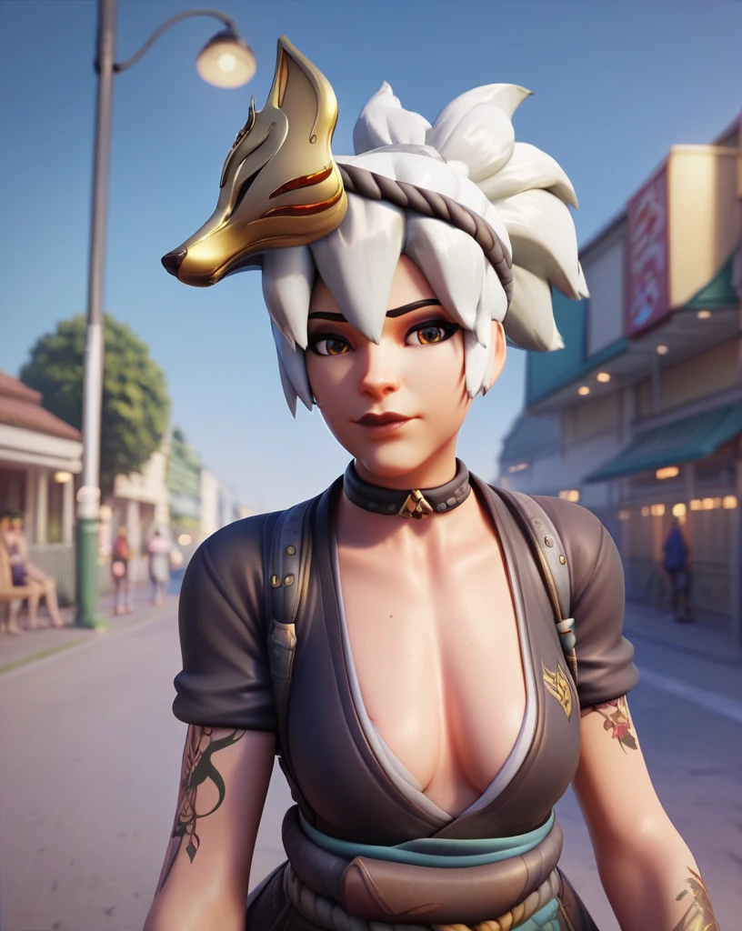 score_9, score_8_up, score_7_up, score_6_up, 1girl, 2.5d,  1girl, close up  hashimotokiriko, Kiriko (overwatch) , <lora:hashimotokiriko-000040:1> fox mask,  walking down a japanese street, at night