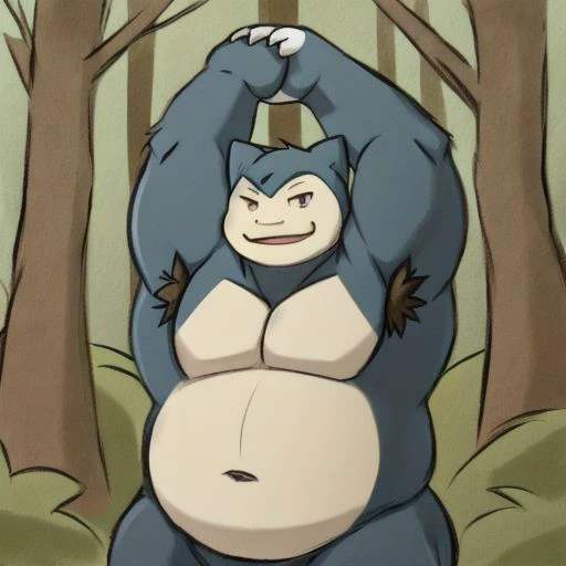 Pokémon (creature), Snorlax, bara, male, armpit hair, stretching, forest location