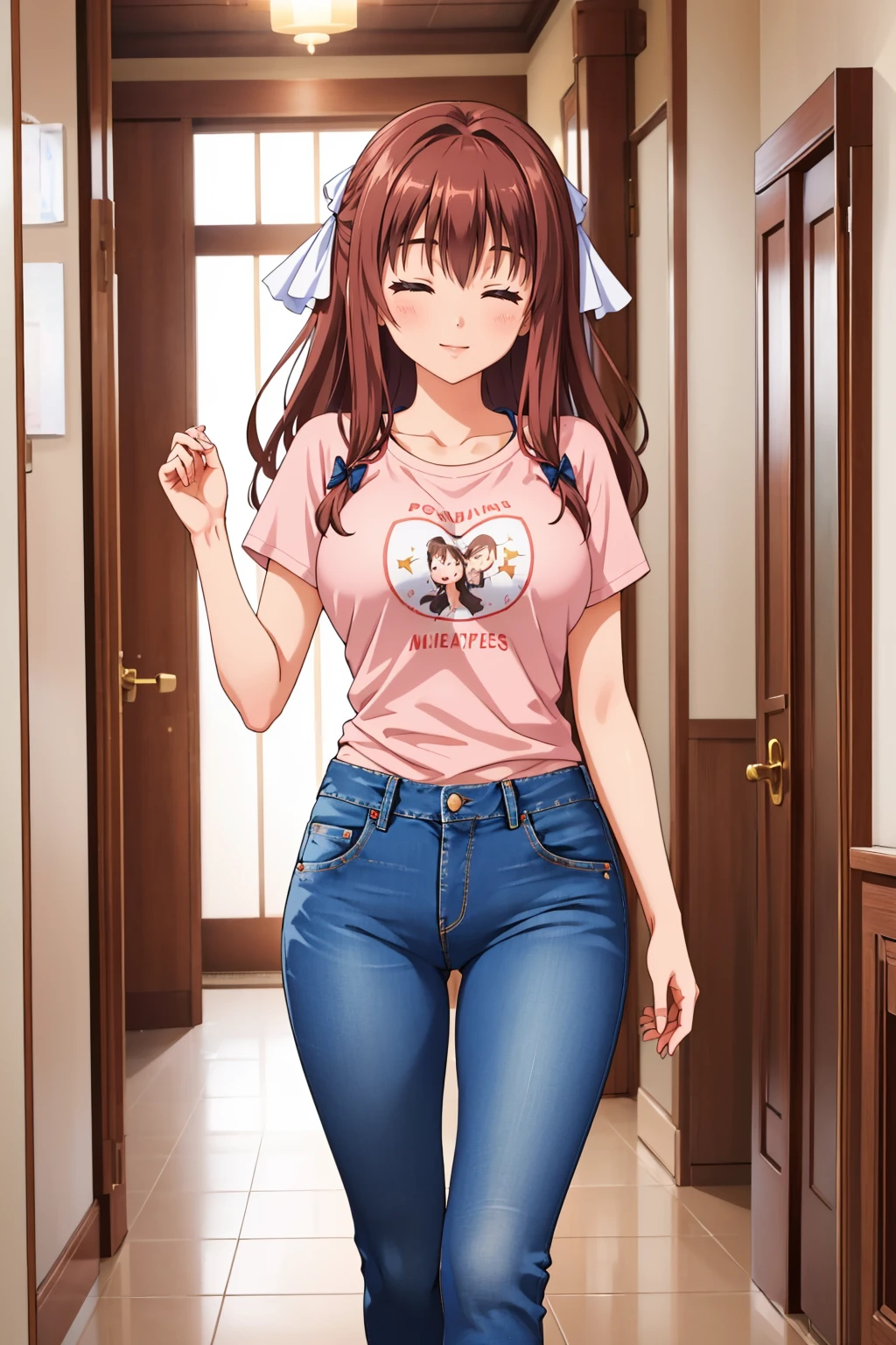 masterpiece, best quality, 1girl, <lora:csayuu-nvwls-v1-000009:0.8> csayuu, white ribbon, hair ribbon, large breasts, pink t-shirt, jeans, closed eyes, smile, hallway, indoors