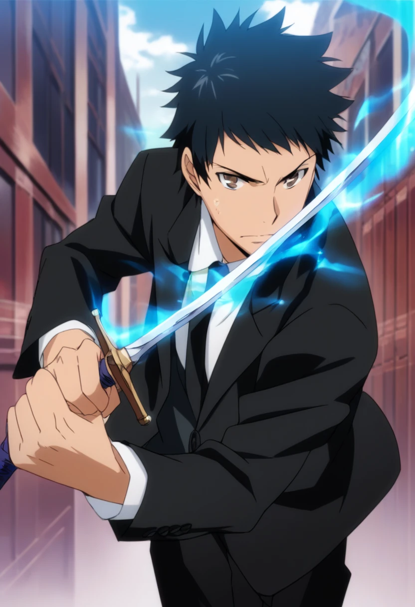 score_9, score_8_up, score_7_up, score_6_up, highly detailed, masterpiece, best quality,detailed,intricate details, amazing quality, best aesthetic, absurdres,source_anime, takeshi yamamoto, black hair, brown eyes, 1boy, solo, male focus, formal, black suit, weapon, necktie, sword, blue flames, (flying), fight stance<lora:EMS-391483-EMS:1.000000>