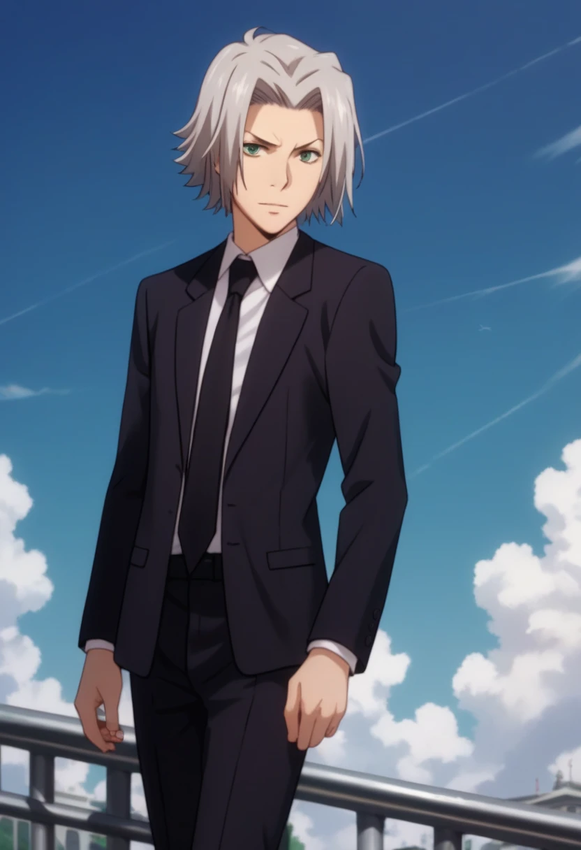 Prompt: score_9, score_8_up, score_7_up, score_6_up, highly detailed, masterpiece, best quality,detailed,intricate details, amazing quality, best aesthetic, absurdres,source_anime,hayato gokudera, grey hair, green eyes, black NECKTIE,
FORMAL, SUIT<lora:EMS-391469-EMS:1.000000>