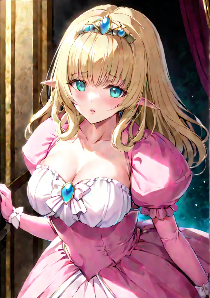 <lora:Laura_Elfinrine:0.85> Laura Elfinrine, blonde hair, tiara,  aqua eyes  wearing pink gown with puffy sleeves,  pink ribbon with a gem on chest, pink long gloves