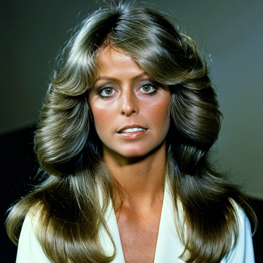 in a dark theater with long straight hair ttecwafharraf, the, her photo <lora:Farrah Fawcett SDXL:1>
