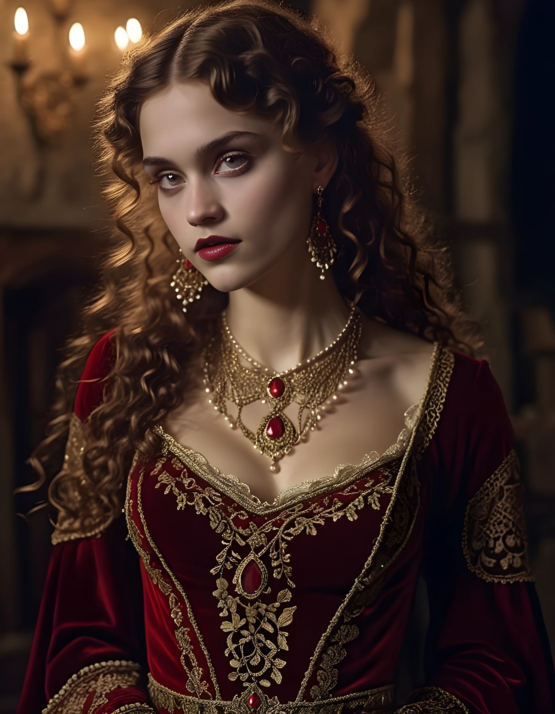 In the twilight of a medieval village, Anna emerged from the shadows, her gypsy-style attire consisting of a crimson velvet gown adorned with gold embroidery and lace trim, complemented by a necklace of pearls that framed her wild, dark curls.