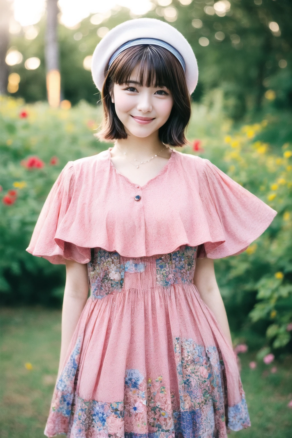 (best quality, photo realistic, hyper detail, sunlight ) 1girl,solo,brown hair,standing,outdoors,detailed skin,smile,pink collared dress short sleeve,bohemian flowers print,star necklace,cowboy shot,white beret,bokeh,film grain,bangs,<lora:MinamiHamabe-v1:0.9>,minamehamab3,<lora:add_detail>,smile,