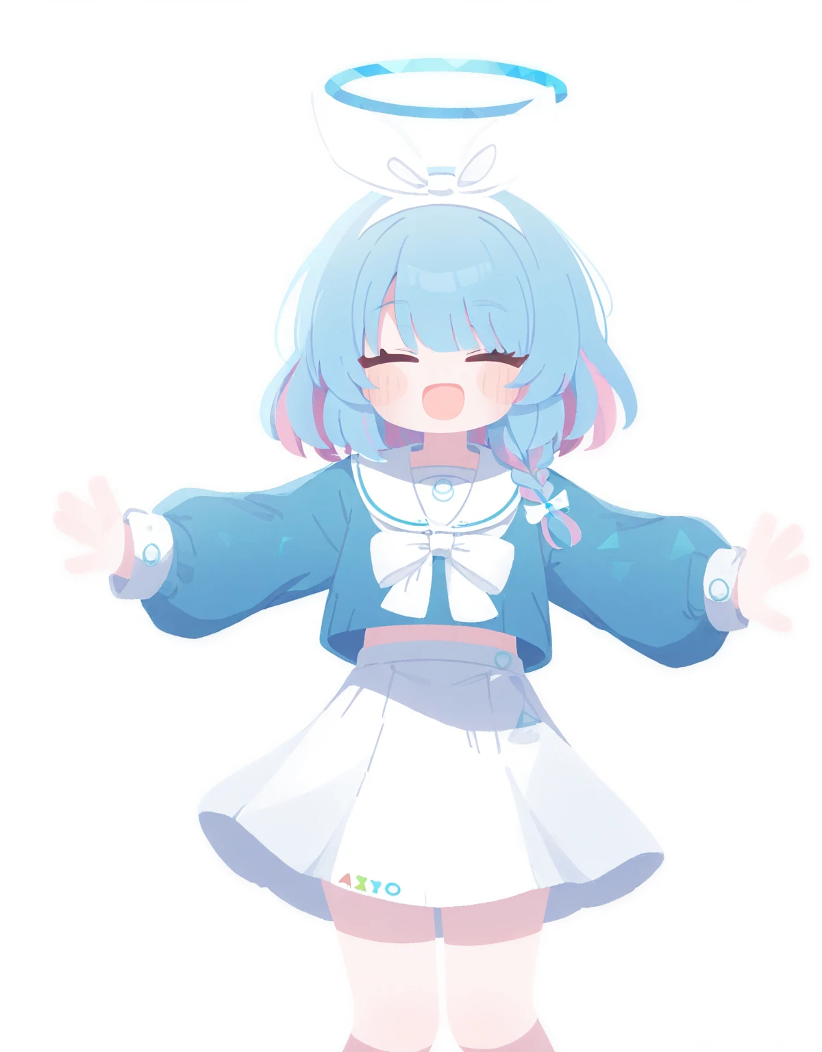 <lora:Vivid:1>,1girl, arona \(blue archive\), solo, white sailor collar, shirt, halo, sailor collar, white background, long sleeves, skirt, blue shirt, open mouth, braid, white skirt, simple background, closed eyes, blush stickers, hairband, bangs, bow, outstretched arms, single braid, white bow, school uniform, smile, white hairband, ribbon, xd, blue hair, arms up, white ribbon, bow hairband, hair ribbon,, masterpiece,newest,absurdres,safe,