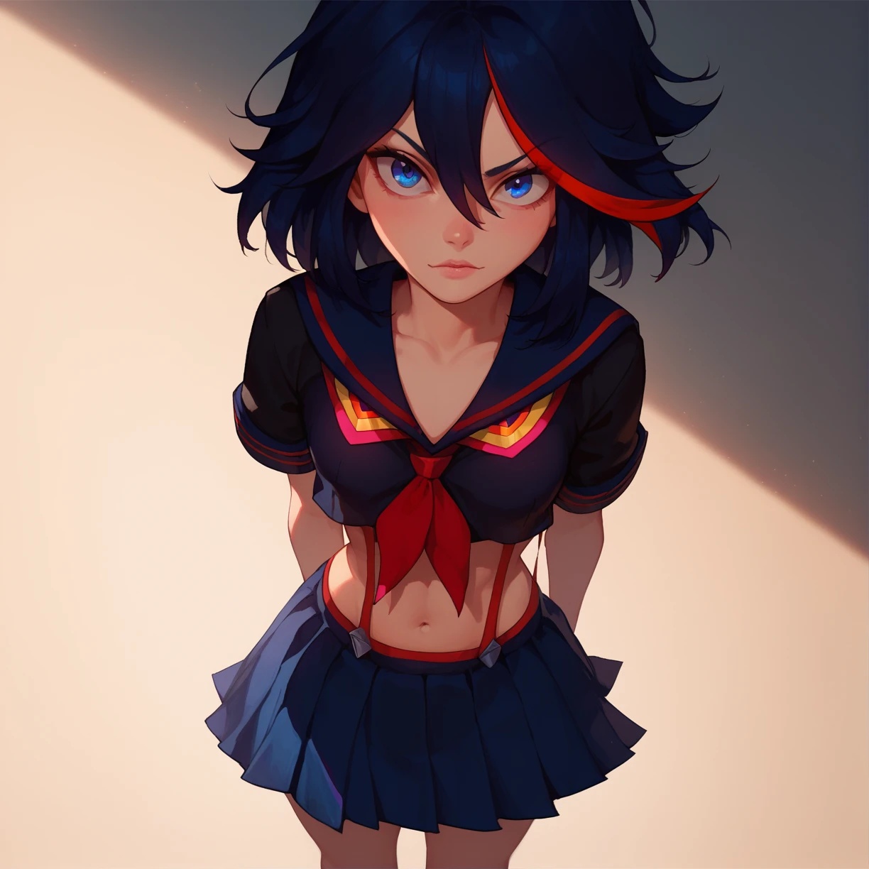 (score_9, score_8_up, score_7_up, masterpiece, best quality, extremely detailed face, perfect lighting,)1girl, solo, matoi ryuuko, school uniform, black serafuku, suspender skirt,  small breasts, blue eyes, looking at viewer, pov, looking at viewer
 <lora:Matoi_RyuukoSDXL:1>,     <lora:Lunas-Nyantcha-Thiccwithaq-SDXL-A1:0.8>