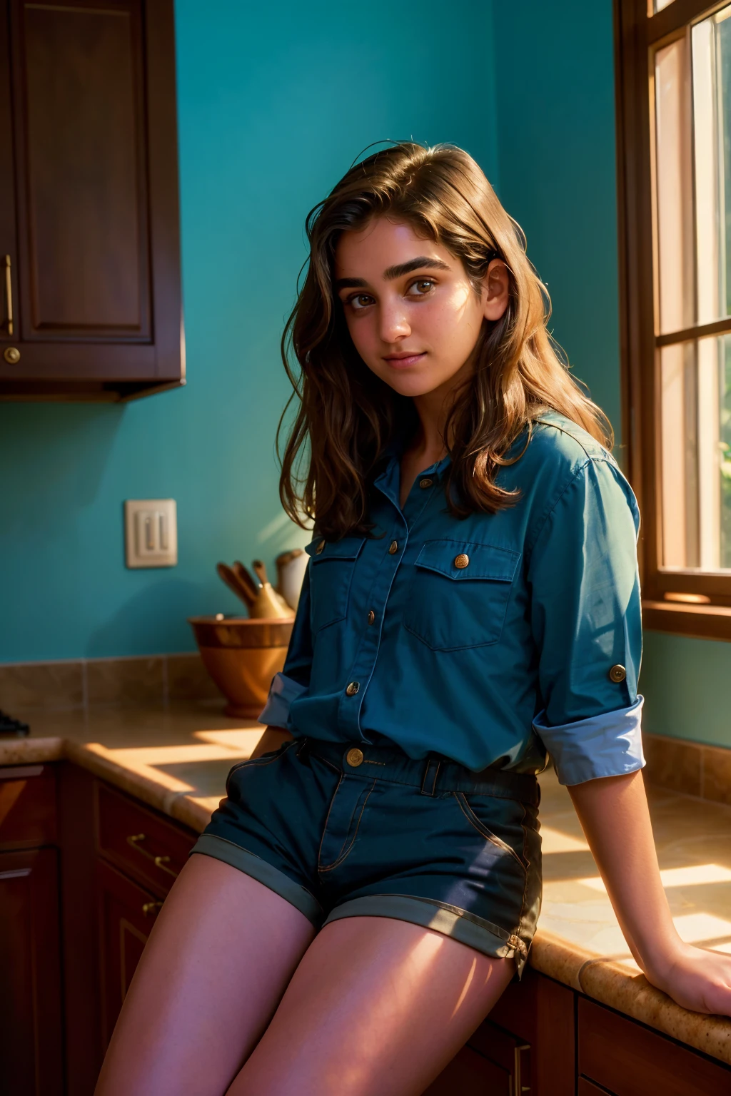  (portrait, upper body focus) photograph of (1girl, 23 years old, slight smile)>, <lora:ZH_GeraldineV_v1SD1.5:1>, zh_geraldinev, solo, realistic, long hair, brown eyes, dark skin, looking at viewer, wearing (loose button shirt and shorts)