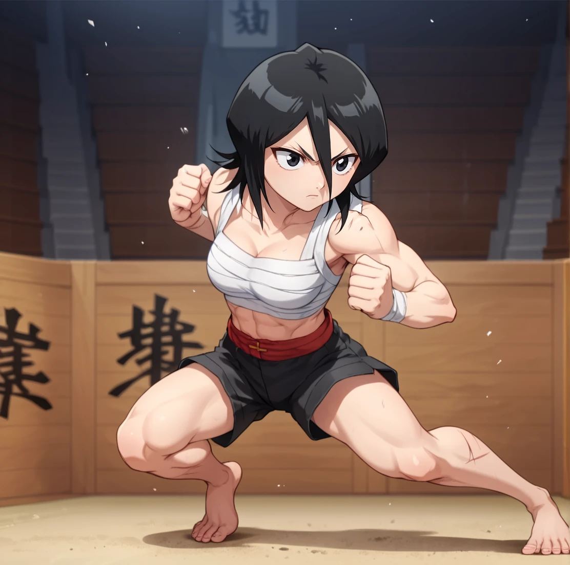 score_9, score_8_up, score_7_up, score_6_up, score_5_up, score_4_up,
<lora:Kourakuen_Underground_Arena_for_PonyXL:0.7>, bakiar3na, fighting arena, indoors , <lora:rukia-kuchiki-s1-ponyxl-lora-nochekaiser:0.8>, rukia kuchiki, black hair, solo, 1girl, kuchiki rukia, hair between eyes, short hair, black eyes, scrapes and cuts, shorts, barefoot, crouched, fighting pose, chest wrappings, fist wrappings,