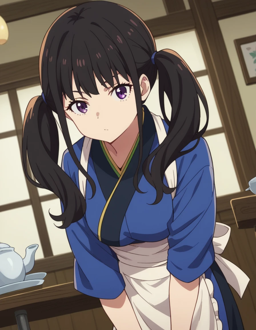 score_9, score_8_up, score_7_up, source_anime,
takinainoue, <lora:takina-inoue-s1-ponyxl-lora-nochekaiser:1>,
inoue takina, long hair, bangs, black hair, purple eyes,
twintails, japanese clothes, kimono, apron, waist apron, blue kimono, waitress,
indoors, bent over,
looking at viewer, cowboy shot, dutch angle, solo,