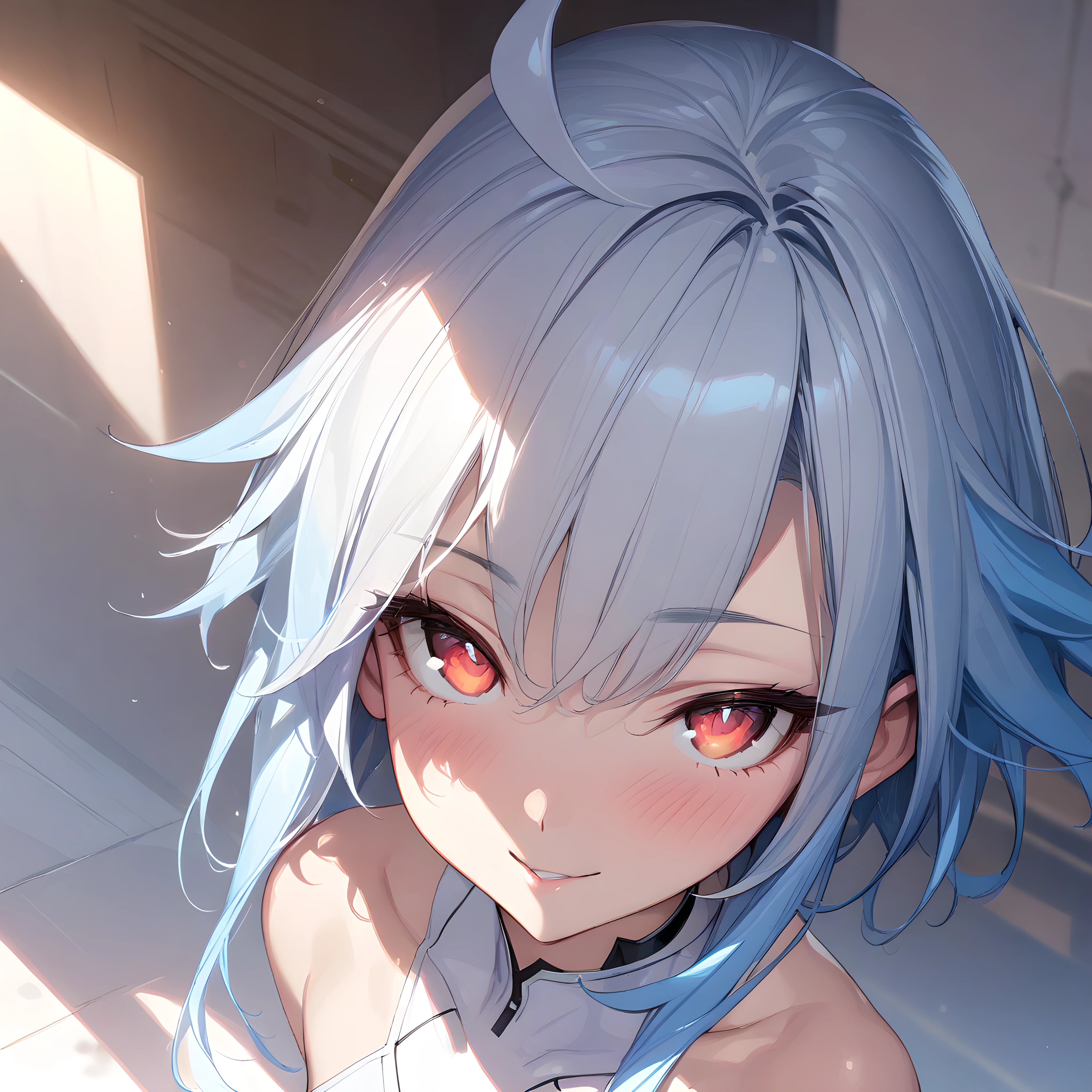 (masterpiece),(best quality),(ultra-detailed),(best illustration),(best shadow),(absurdres),(detailed background),(very aesthetic), white heart, flat chest, red eyes, white hair, blue hair, orange eyes, symbol shaped pupil, power symbol, elbow gloves, gloves, very close-up, portrait,  leotard, seductive smile, looking at viewer, <lora:XL-WhiteHeart:1>