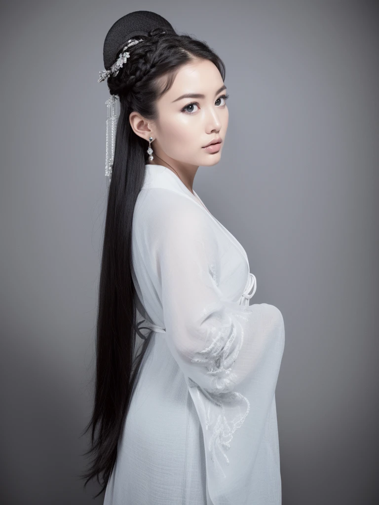 1girl,solo,full body,black hair,long sleeves,chinese clothes,long hair,hair ornament,standing,dress,grey background,jewelry,simple background,hanfu,earrings,braid,1girl,solo,full body,black hair,long sleeves,chinese clothes,long hair,hair ornament,standing,dress,grey background,jewelry,simple background,hanfu,earrings,braid,XCYP Oriental Realistic Portrait,Ultra Real,Ultra Realistic,Real Skin,Ultra Clear Skin Texture,(32K, RAW Photo, Best Quality, Masterpiece:1.2),(Real, Photo Real:1.2) (Original Photo) (Extremely detailed photo) Detailed Complex,Original,High Resolution,Close-up,Large Aperture,Film Texture,Sharp,High Contrast,Studio Light,Solid Color Background. Stunning photography,National Geographic award-winning work,master photographer.,