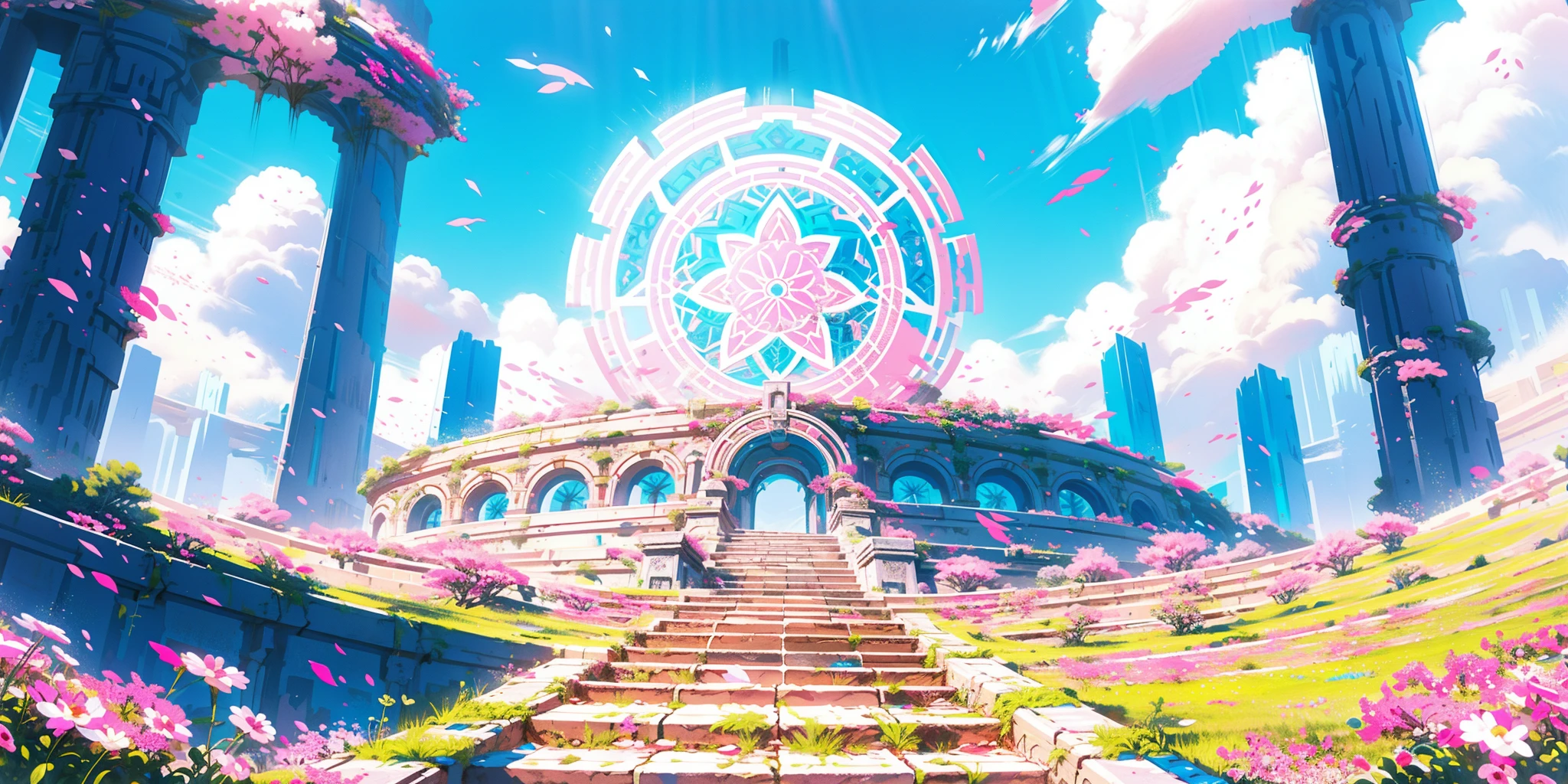 HEZI,game concept scene,rich colors,gorgeous,details,quadratic style,fresh illustration,scenery,outdoors,no humans,flower,sky,cloud,petals,day,fantasy,blue sky,cloudy sky,stairs,grass,pink flower,ruins,landscape,water,pillar,solo,