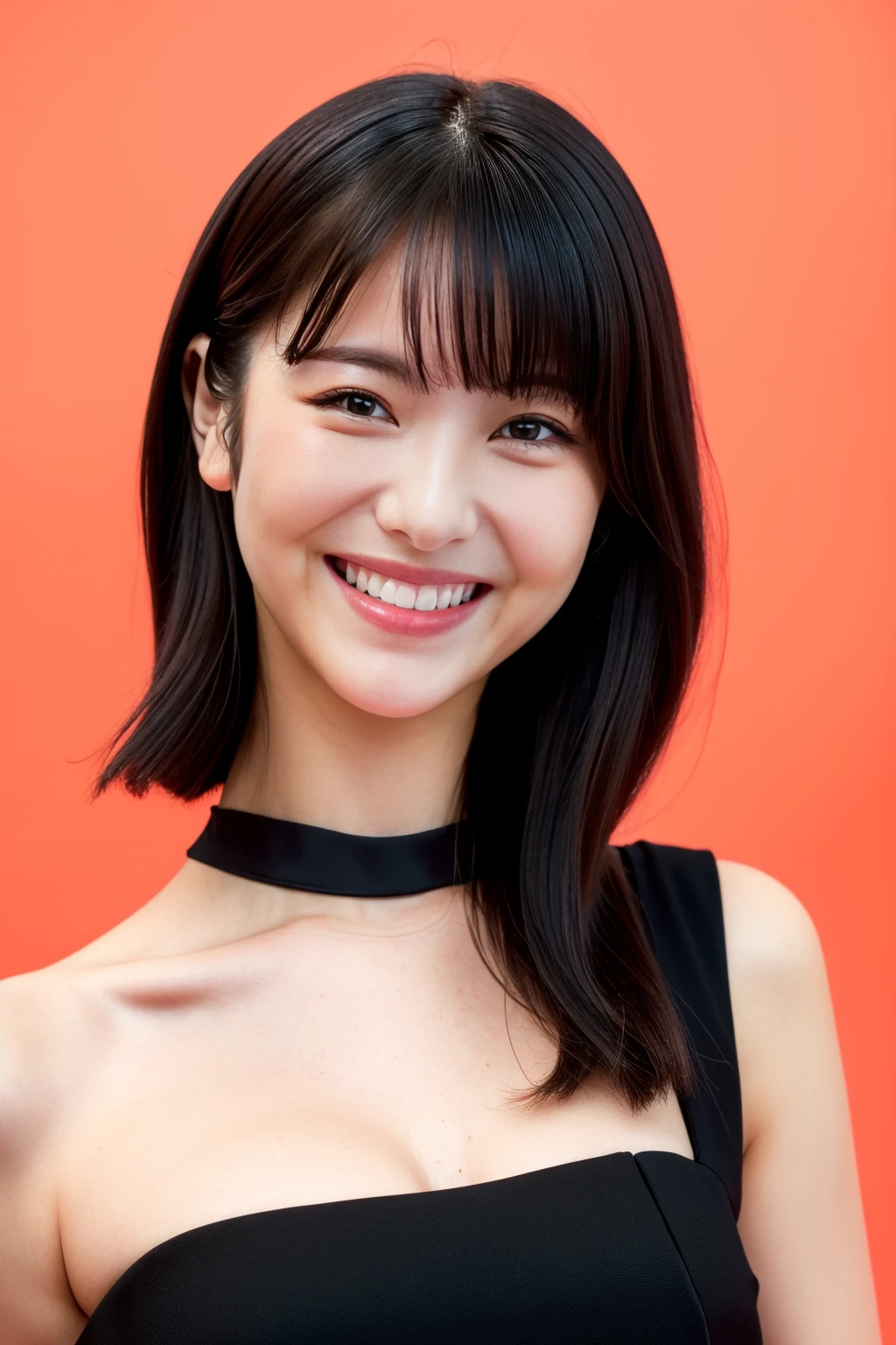 nikon RAW photo,8 k,Fujifilm XT3,masterpiece,best quality,1girl,solo,realistic,photorealistic,ultra detailed,looking to the viewer,upper body,
standing,(black dress:1.2),simple background,red background,(closeup),bangs,<lora:MinamiHamabe-v1:0.8>,minamehamab3,smile,grin,