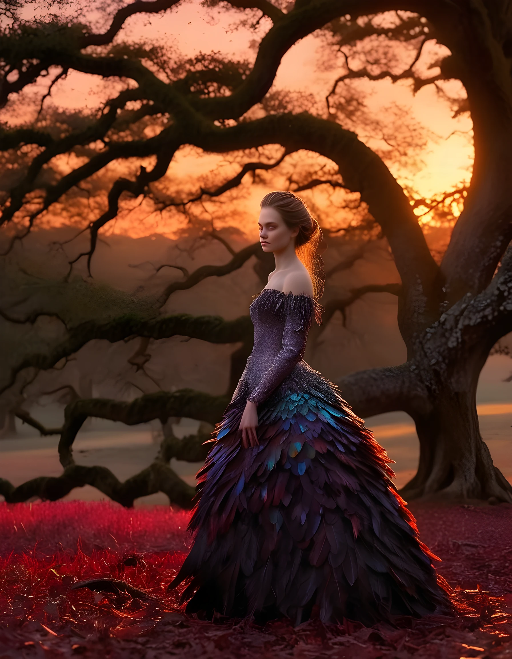 In the twilight forest, where Anna stands, a woman of unparalleled beauty adorned in an iridescent feathered ensemble, her silhouette framed against the crimson hues of the setting sun, captivates the viewer with her ethereal grace as she leans against an ancient oak tree.