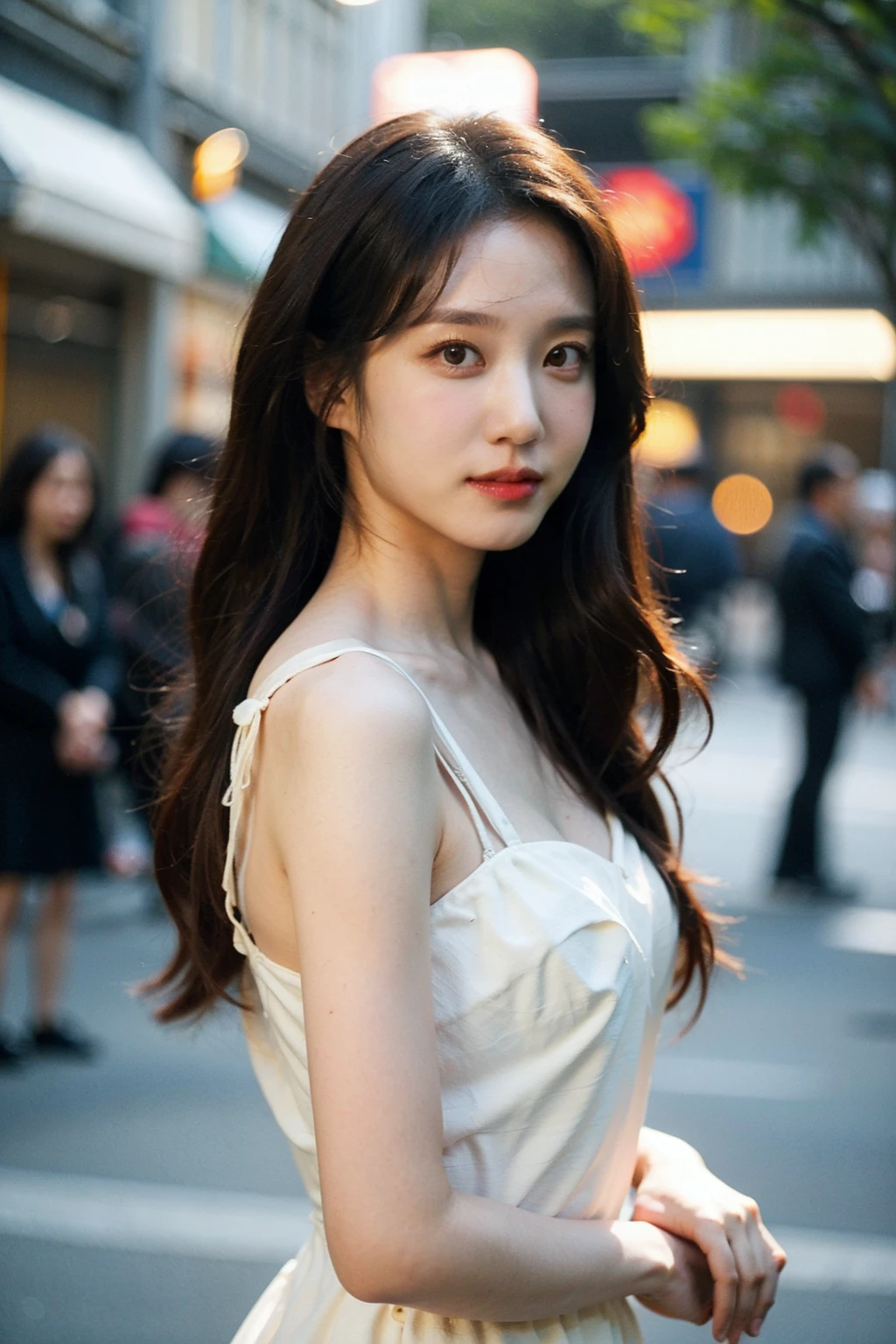 Best quality, masterpiece, ultra high res, (photorealistic), raw photo,1girl, skinny, upper body,solo, realistic, looking at viewer, long hair, bokeh background, city streets,brown eyes, bohemian dress,  <lora:makina69_parkeunbin_v1.0:1>