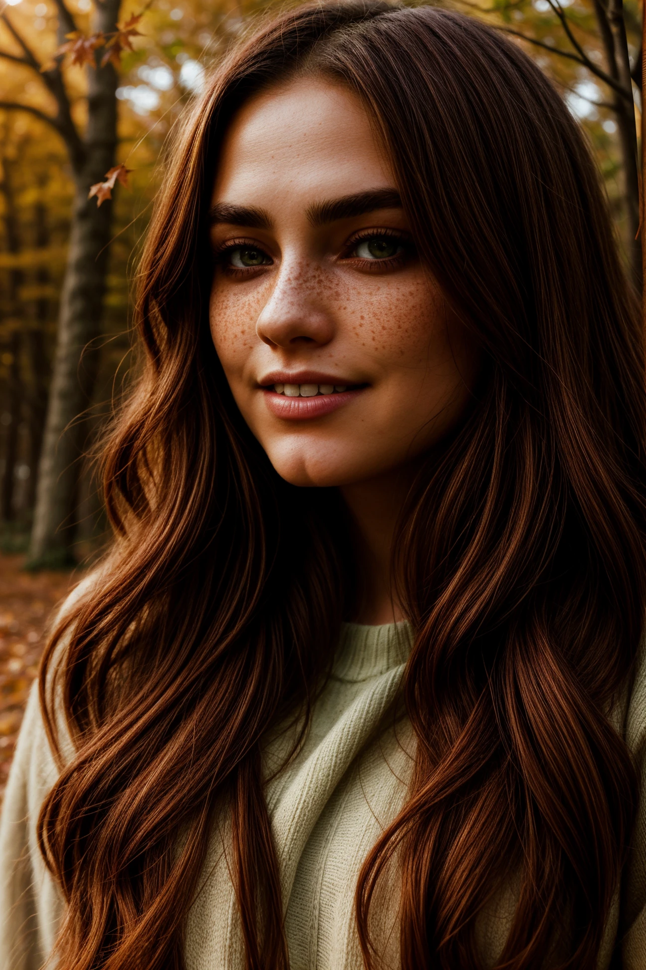 poised against a backdrop of autumn leaves in soft focus, sunlight filtering through her curls, long flowing brown hair, freckles, emerald eyes sparkling, slight, knowing smile, close-up portrait, detailed, hdr, epic background, line art, digital illustration, comic style, dynamic, highly detailed, artstation, concept art, smooth, sharp focus, detailed background, 60-30-10 color rule, warm tones, godrays, global illumination, detailed and intricate environment<lora:better freckles_epoch_12:0.8> <lora:more_details:1>