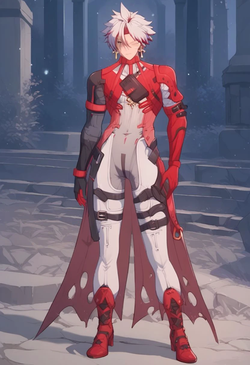 high res, girl, ((wolf)), anthro, exhausted expression, detailed face, sitting with legs spread, red hair, twin tails, (slender), small , lace hooded poncho, furry tail, (protruding hips bones), (protruding ribs), (robot digitigrade legs), robot pelvis, night, snowy city alley