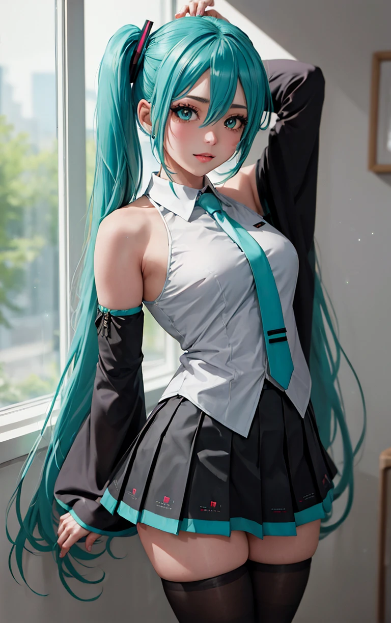 ((masterpiece, best quality)), insaneres, absurdres, solo, looking at viewer, 
MainOutfit_HatsumeMiku_ownwaifu, 
1girl, aqua eyes, aqua hair, hatsune miku, twintails, very long hair, hair ornament, bangs, hair between eyes, shoulder tattoo, medium breasts, shiny hair, number tattoo, eyelashes, bright pupils,
detached sleeves, sleeveless shirt, bare shoulders, black sleeves, aqua necktie, collared shirt, black skirt, pleated skirt, grey shirt, miniskirt, black thighhighs, zettai ryouiki, long sleeves, wide sleeves, sleeves past wrists, frills, wing collar, 
(contrapposto, arms behind head), sidelighting,<lora:ANIME_HatsumeMiku_ownwaifu:0.8>,
 depth of field, light particles,