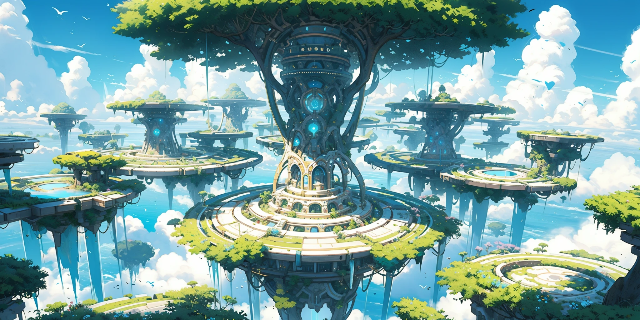 HEZI,game concept scene,rich colors,gorgeous,details,quadratic style,fresh illustration,scenery,outdoors,cloud,floating island,no humans,sky,tree,fantasy,day,bird,blue sky,building,plant,science fiction,bridge,waterfall,cloudy sky,overgrown,grass,