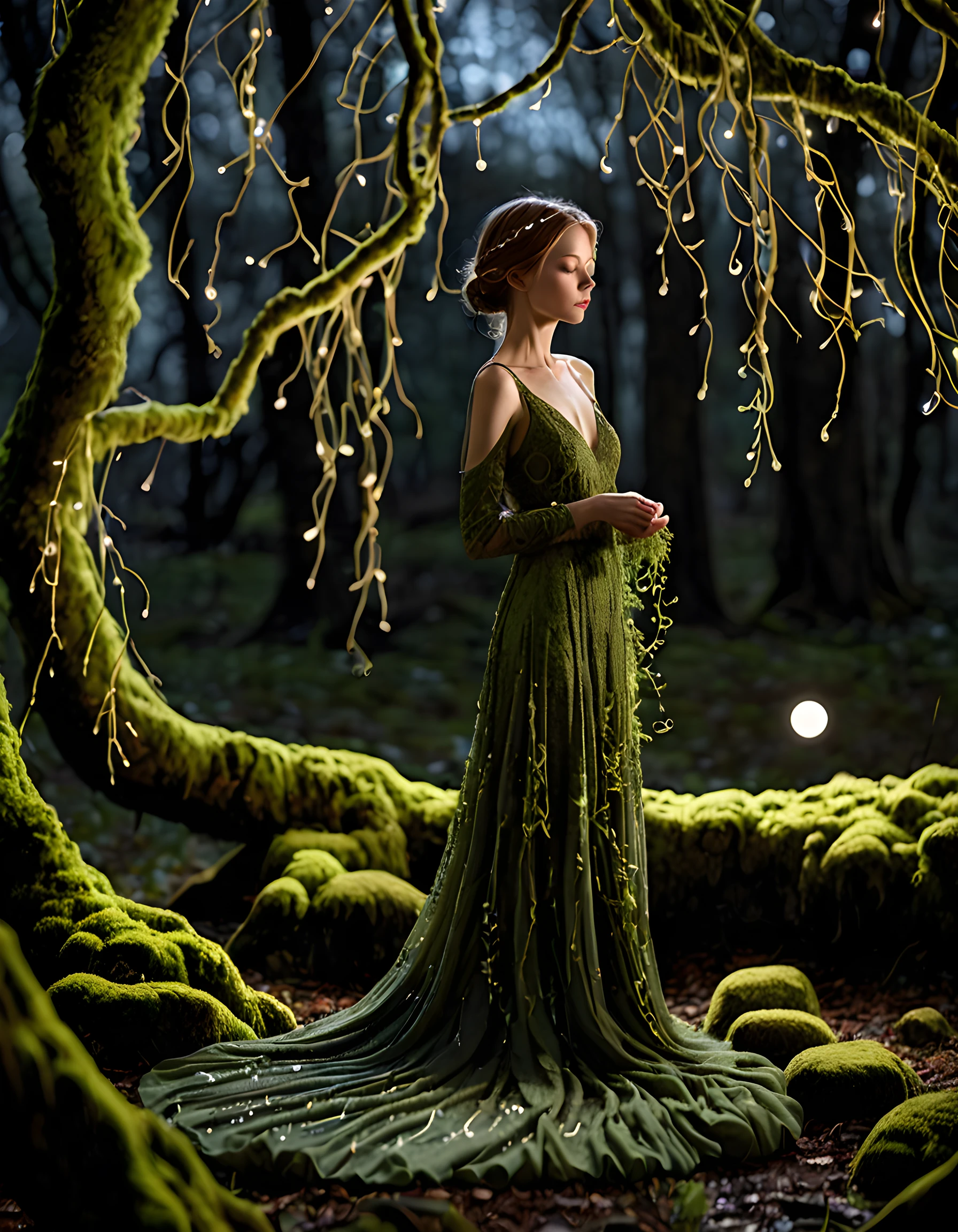 In the hushed silence of a moonlit ancient forest, Anna stands resplendent upon a moss-covered stone altar, her silhouette accentuated against the shimmering fabric of a gown woven from willow tree tendrils, her hair cascading like starlight around her shoulders, cradling in her delicate hands an otherworldly glowing orb that casts its luminescent glow upon the desolate woods below.