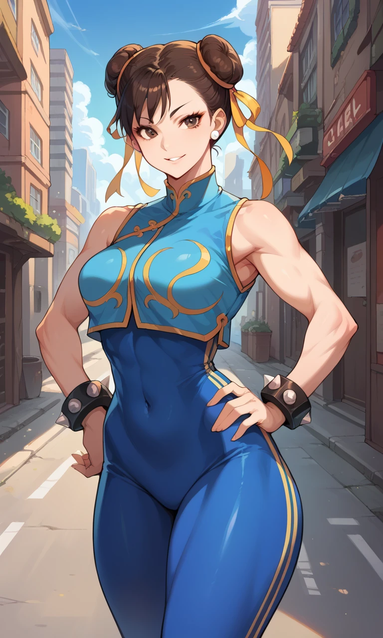 masterpiece,best quality,extreme detail,8k,cammyfn, 1girl, solo, long hair, breasts, blue eyes,brown blonde hair, large breasts, gloves, red hat, braid, ahoge, twin braids, leotard, lips, makeup, beret, scar, antenna hair, nose, harness, huge ahoge, green leotard,sleeveless, sweaty,sweat, exhausted,sleeveless,cross eye, full body , 1girl, (solo:1.2), (jumping:1.3), (mid air:1.3), (cowboy shot:1.5), smile, happy, (masterpiece:1.3), (best quality:1.3), (perfect anatomy:1.4), highly detailed, chun li, brown eyes, short hair, double bun, bun cover, blue dress, pelvic curtain, spiked bracelet, sash, brown pantyhose, (post fight scenery:1.3), rubble, outside, daylight, nyantcha, expressive faces, anime-inspired, (cell shading:1.2), lips, merging
