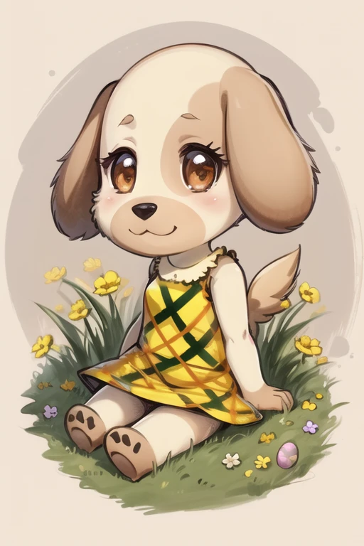 1girl, solo, female focus, best quality, <lora:GoldieNew:1>, bald, no hair, dog ears, furry, furry female, tail, brown eyes, yellow fur, animal ears, colored sclera, looking at viewer, smile, chibi, <lora:inkwash:0.4> inkwash, Tweed Dress, sitting, full body, grass, easter egg, easter, spring \(season\), sleeveless