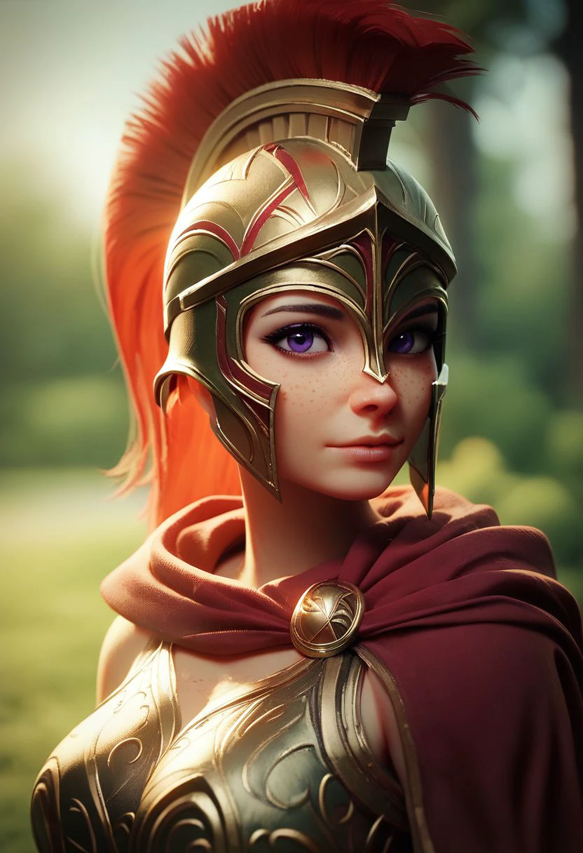 (((beautiful, high quality))), upper Body, score_9, score_8_up, score_7_up, 
easynegative, Spartan armor, Spartan helmet, red cloak,
1girl, red hair, freckles, purple eyes, 
looking at the viewer, posing, 
blurred background,