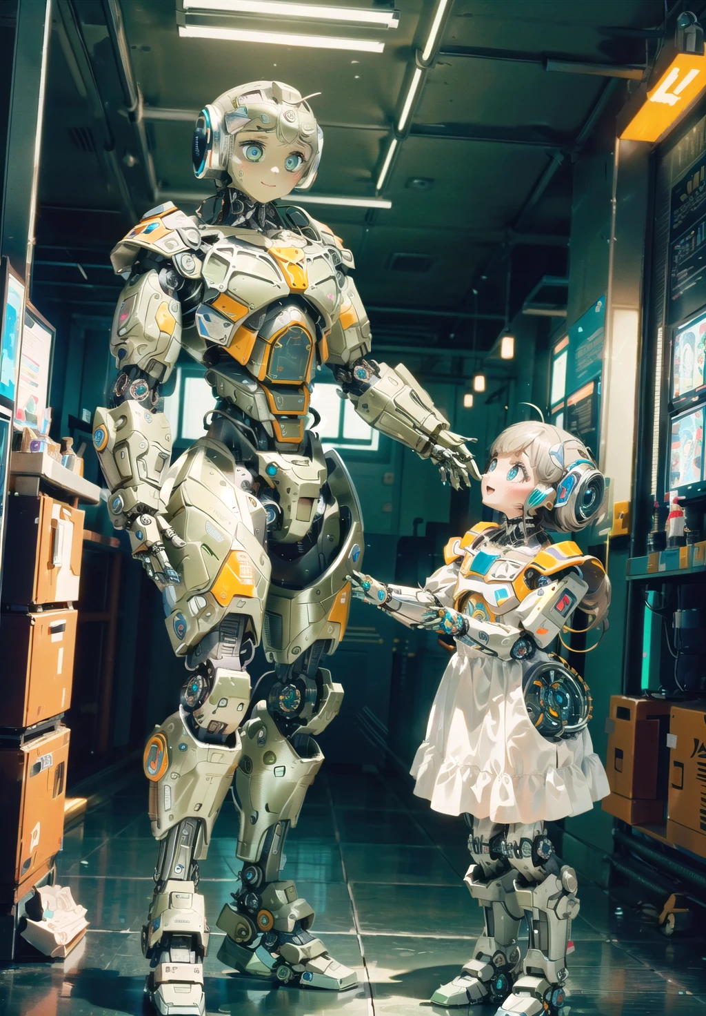 (masterpiece, best quality, highres, robotic face, clothed robot, gardenia shoulder corsage, A-line dress, William Lee Hankey, hologram face, polishing, awkward, robot ears:1.8), (high quality, 1girl, android girl \(itou\), curvy, handsome, glowing pupils, glowing blue, robot joints, robot girl, wide shot, bishounen, mechanical boots:1.4), In this extremely detailed and intricate realism masterpiece, the artwork shows the scene an innocent robotic princess is smiling with pure joy. Innocent robotic kid is just beautiful. This robotic princess is feeling something religious bliss and complimenting it with glowing blue pupils, like saints in holy icon. Cute dress, worn on robotic chassis, tightens and accentuates robot's idealized feminine chassis. Polishing body of this blessed robot absorbs iridescent and creates a stunning reflective sheen, revealing extreme beautiness added by god. (robo(2019), humanoid robot, mecha, android, mechanical parts:1.45), <lora:A-112-000004:0.45>