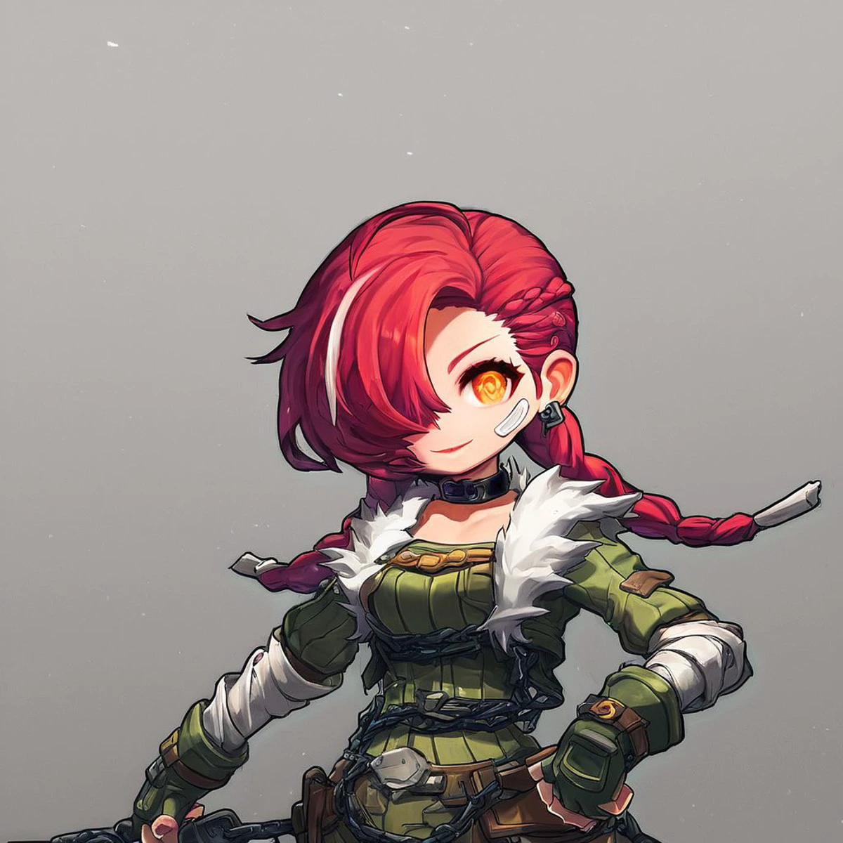 solo, 1girl, woman, female, MSCadena, Cadena, Cadena (MapleStory), Cadena_(MapleStory), Ear Piercing, Bandaid, Earring, ear piercing, Light Skin, Choker, Choker Leash, Fingerless Gloves, White Bandage on Wrists, Pinkish Red Hair, Hair Braids, Hair covering one eye, Brownish Dark Green Clothing, Shadowdealer clothing, pocket, pockets, belts, brown details, steel details, White wool, white fur on top clothing, white fur on shirt, brown boots, white steaks on hair, detailed, good art, best quality, detailed face, detailed eyes, highest quality, good anatomy, perfect anatomy, masterpiece, beautiful, insanely detailed, cuteartstyle, black chains, terminal city background, BREAK, score_9, score_8_up, score_7_up, score_6_up