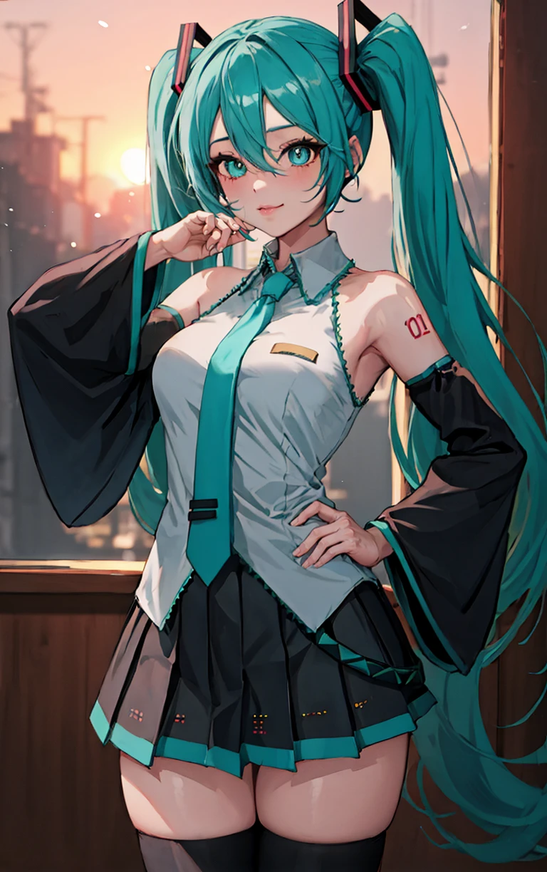 ((masterpiece, best quality)), insaneres, absurdres, solo, looking at viewer, 
MainOutfit_HatsumeMiku_ownwaifu, 
1girl, aqua eyes, aqua hair, hatsune miku, twintails, very long hair, hair ornament, bangs, hair between eyes, shoulder tattoo, medium breasts, shiny hair, number tattoo, eyelashes, bright pupils,
grey shirt, collared shirt, bare shoulders, pleated skirt, miniskirt, black thighhighs, zettai ryouiki, detached sleeves, sleeveless shirt, black sleeves, aqua necktie, black skirt, long sleeves, wide sleeves, sleeves past wrists, frills, wing collar, 
(contrapposto, hand on hip), sunset, sidelighting, <lora:ANIME_HatsumeMiku_ownwaifu:1>,
 depth of field, light particles,