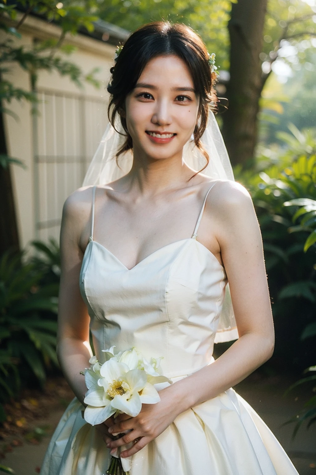 Best quality, masterpiece, ultra high res, (photorealistic), raw photo,1girl, small waist, cowboy shot,solo, realistic, dark forest, sun light, wedding dress, slight smile, teeth, flowers,   <lora:makina69_parkeunbin_v1.0:1>